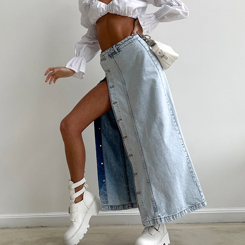 Retro Slit High Waist Denim Skirt Women's Summer Asymmetrical Design Sense Straight Skirt