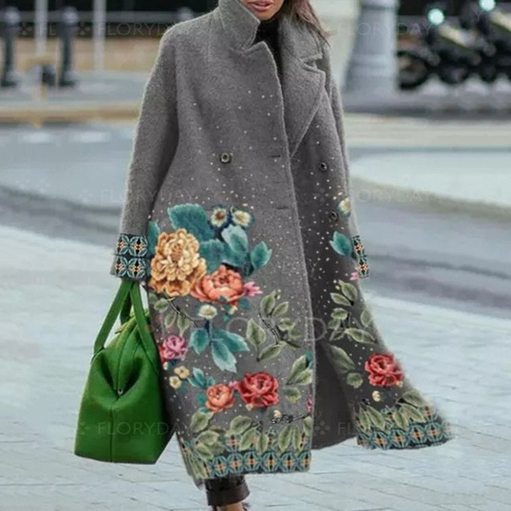New Autumn Women's Long Sleeve Lapel Coat Printed Wool Long Coat