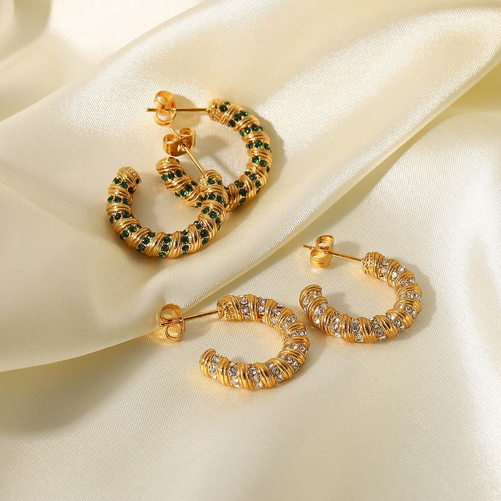 5pcs New Fashion Women's Earrings 18K Gold-Plated Stainless Steel Jewelry Spiral C-Shaped Zircon Earrings Jewelry