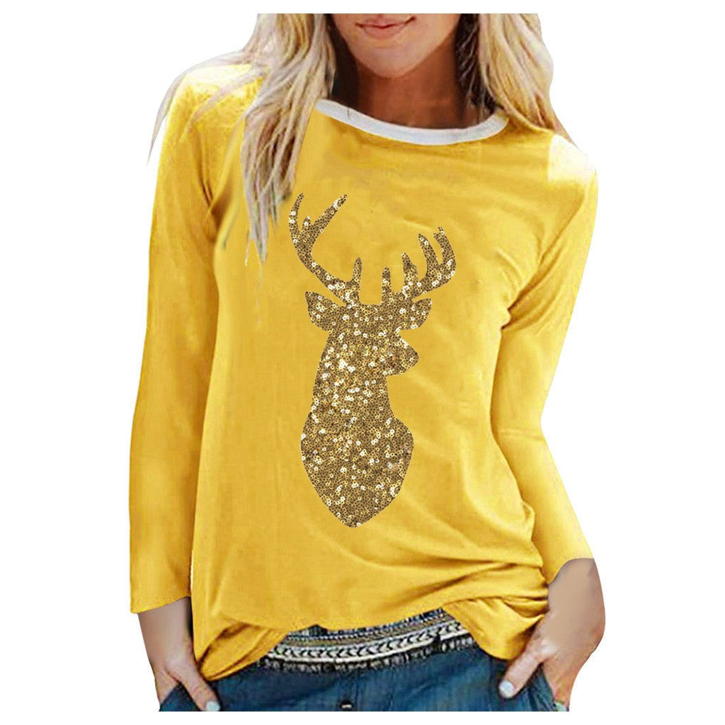 Cross Fall New Ladies Christmas Sequined Antler Print Ladies Fresh Sweet Long Sleeve T-Shirt