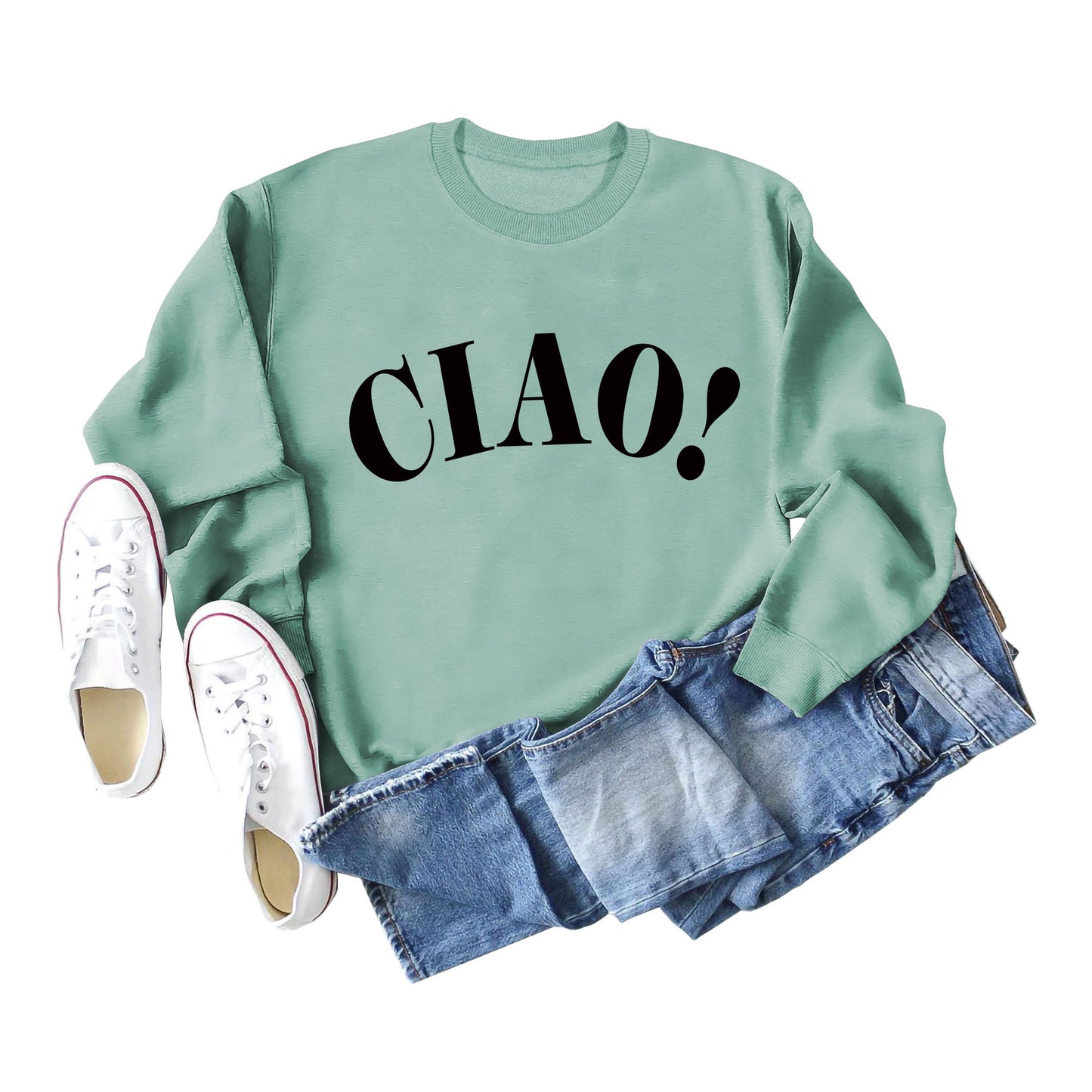 New Long-Sleeved Blouse Ciao Simple Letter Round Neck Sweater Loose Undershirt Women
