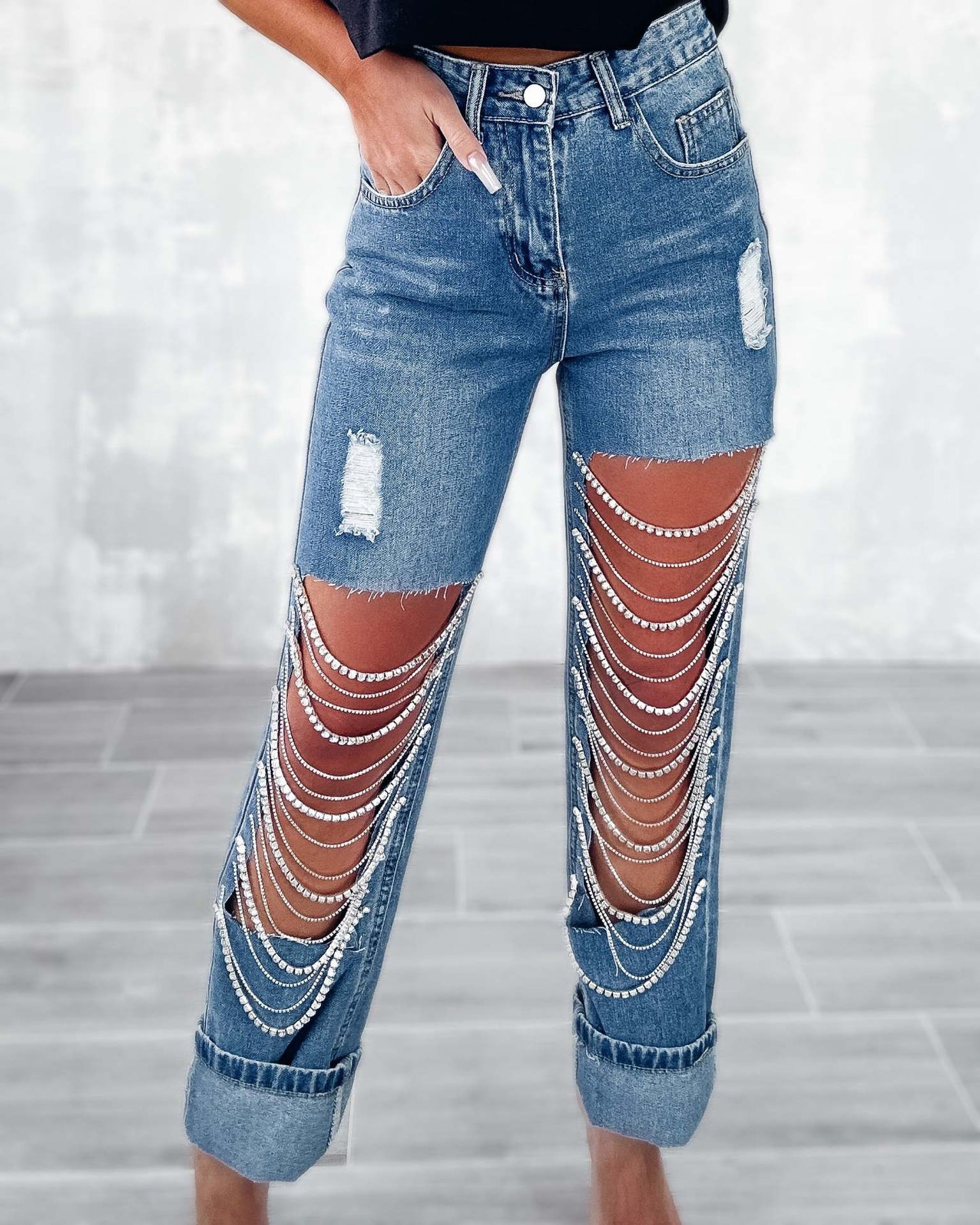 Early Spring Ripped Jeans Women's Chain Hanging Straight-Leg Pants