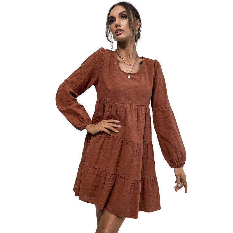 New Women's New Fashion Short Solid Color Long-Sleeved Dress
