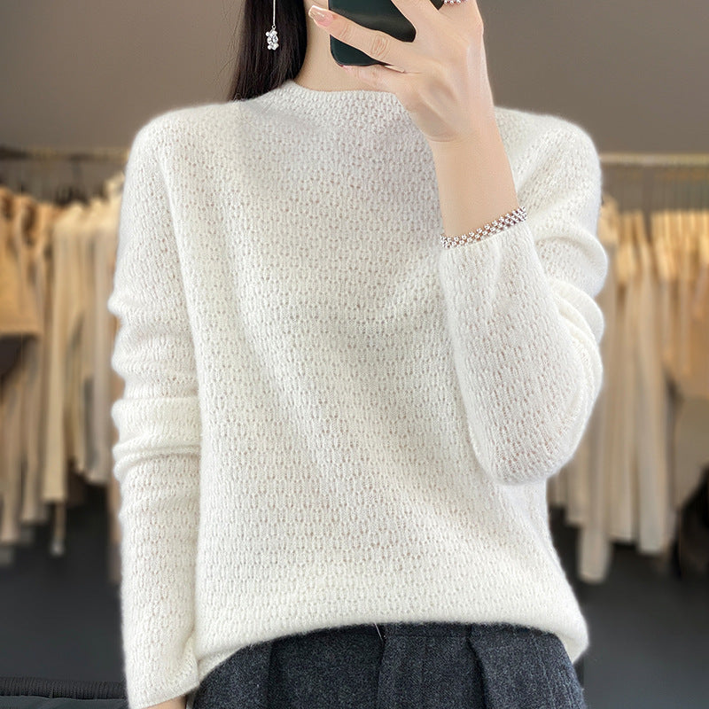 Autumn And Winter Knitted Pure Woolen Sweater Female Half Turtleneck Hollowed Out Loose Pullover Sweater Slimming Top Base Shirt