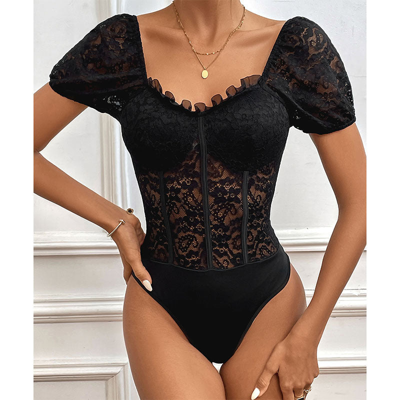 Sexy Lace Onesie Bubble Short Sleeve Chicken Heart Collar Top Lace Perspective One-Piece Top
