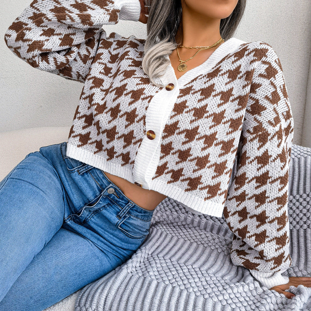 New Autumn And Winter Leisure Lantern Long Sleeve Thousand Bird Check Cardigan Sweater Coat Women's Wear
