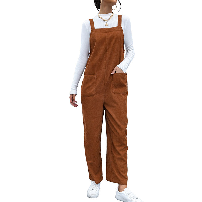 Autumn New Women's Fashion Brown Loose Corduroy Suspenders