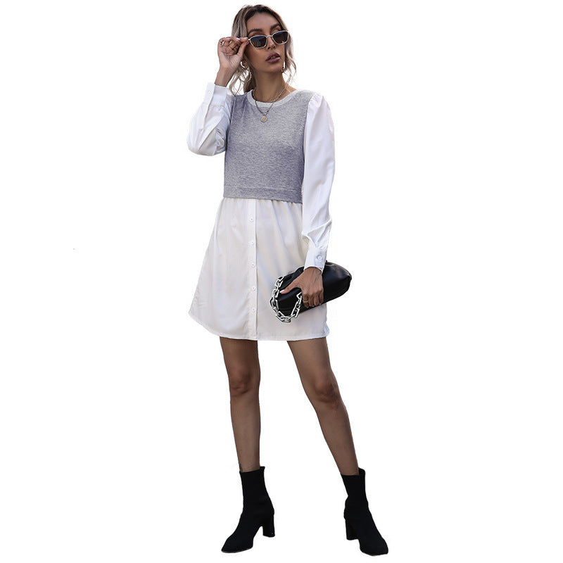 New Fashion Women's Long-Sleeved Patchwork Shirt Dress Autumn And Winter