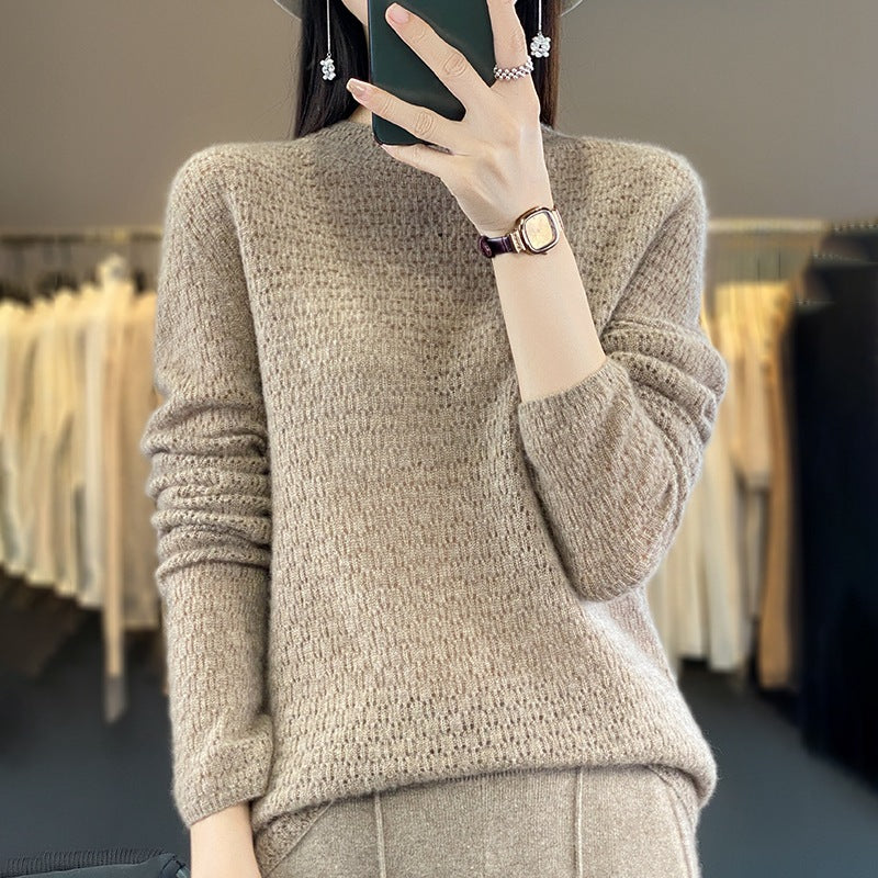 Autumn And Winter Knitted Pure Woolen Sweater Female Half Turtleneck Hollowed Out Loose Pullover Sweater Slimming Top Base Shirt