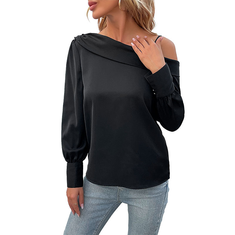 Women's New Irregular Black Off-Shoulder Long-Sleeved Shirt