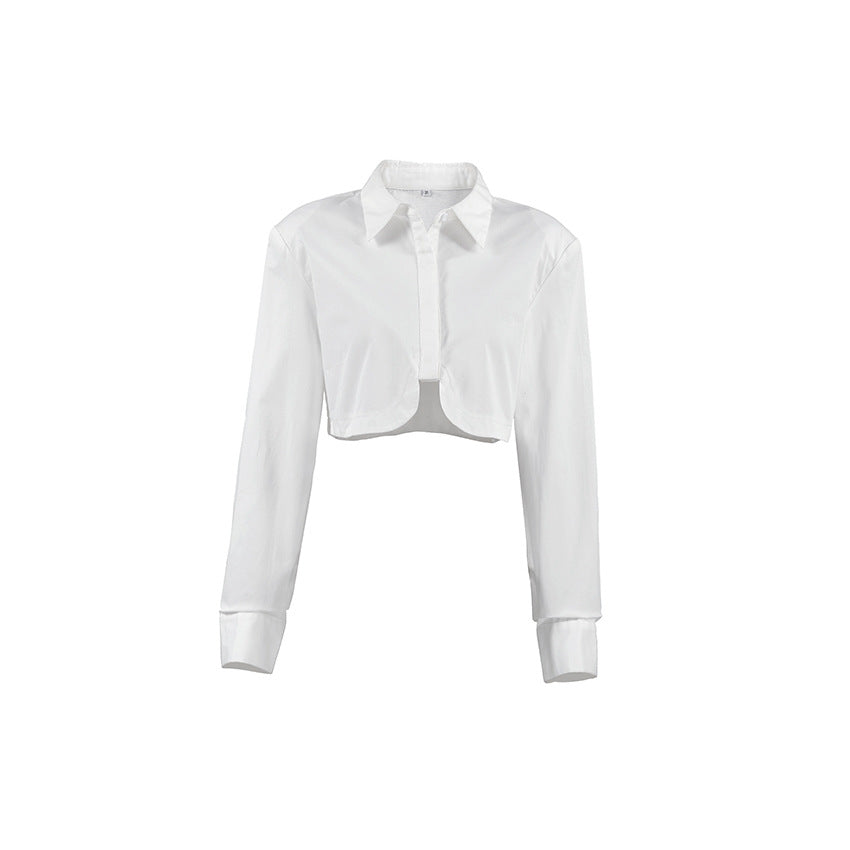 White Lapel Sexy Crop Slim Long Sleeve Shirt New Fall Fashion Women's Top