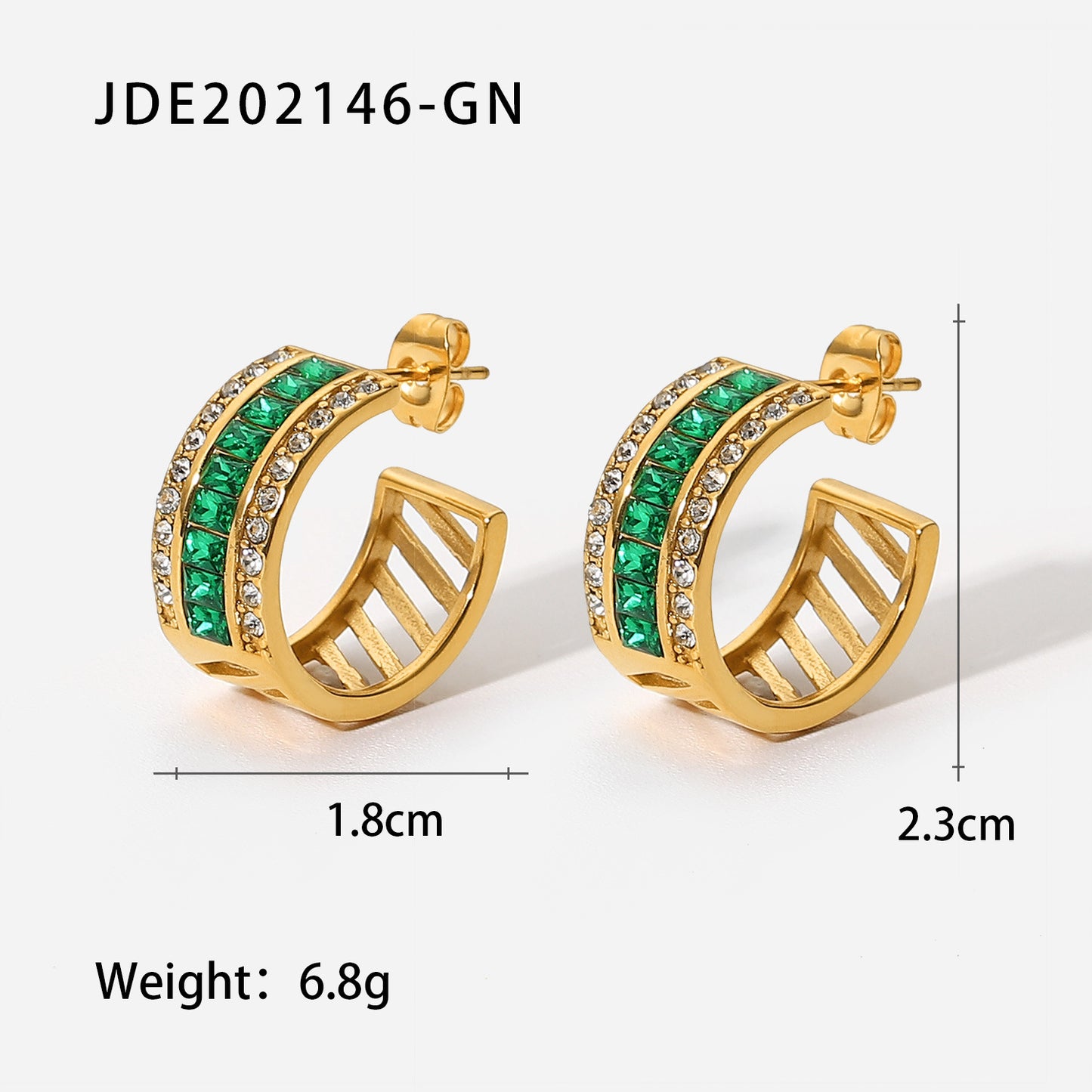 5pcs New Women's Titanium Steel Earrings 18K Gold Square Diamond Hollow Earrings Transparent Diamond/Green Diamond Earrings Stainless Steel Earrings