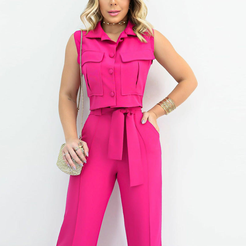 Fashion Casual Suit Women's Sleeveless Summer Lace-Up Trousers False Pocket Women's Two-Piece Set