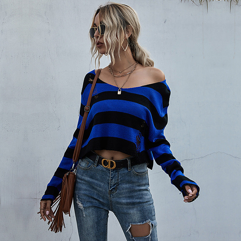 Autumn Women's Striped V-Neck Loose Short Knit Bottom Sweater Women Long Sleeves Sexy