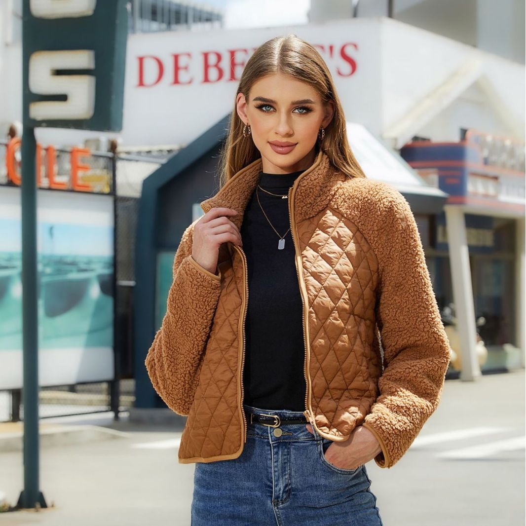 Glitter New Autumn And Winter Women's Cardigan Zipper Long Sleeve Plush Splicing Coat Women