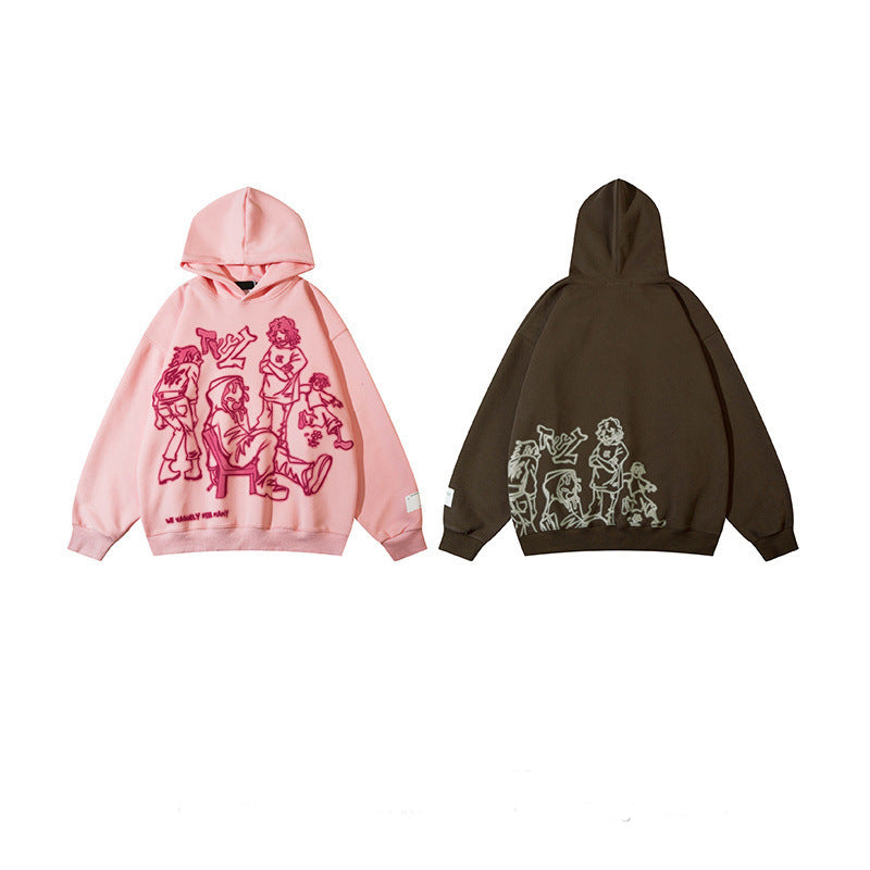 Y2K Graffiti Street Pink Casual Sports Hoodie Loose Cartoon Print Pullover Hoodie Hip Hop Men And Women