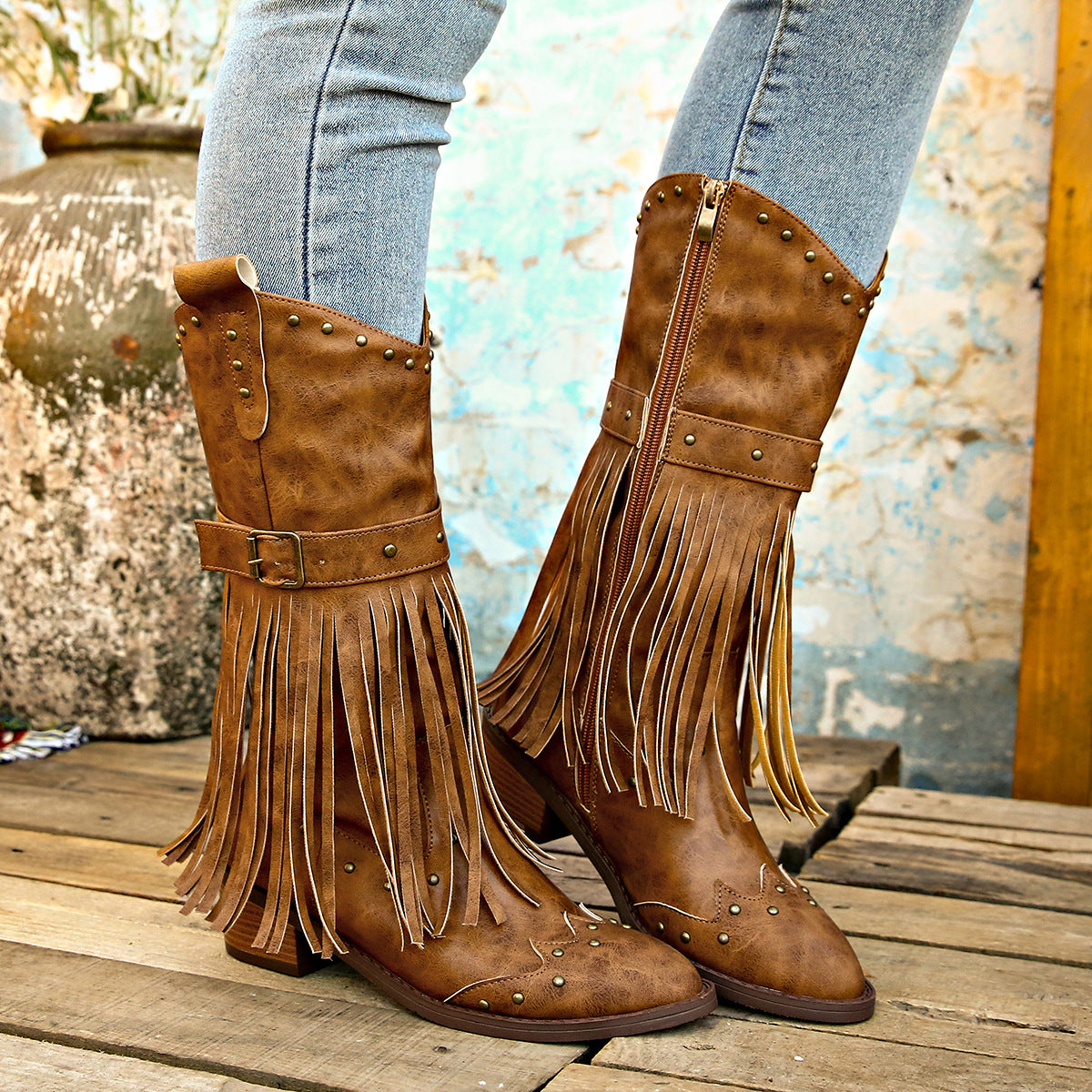 Retro Romantic Sue Boots Autumn And Winter New Riveted Belt Buckle Boots In Large Size Knight Boots Female