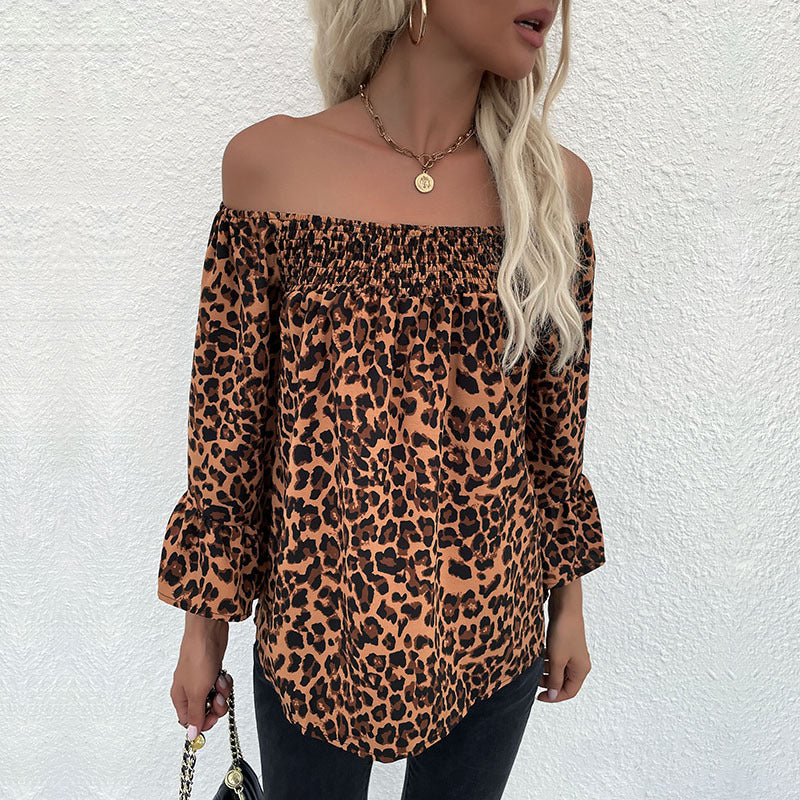 Autumn New Women's Loose One-Line Shoulder Pullover Bottom Leopard Print Chiffon Shirt