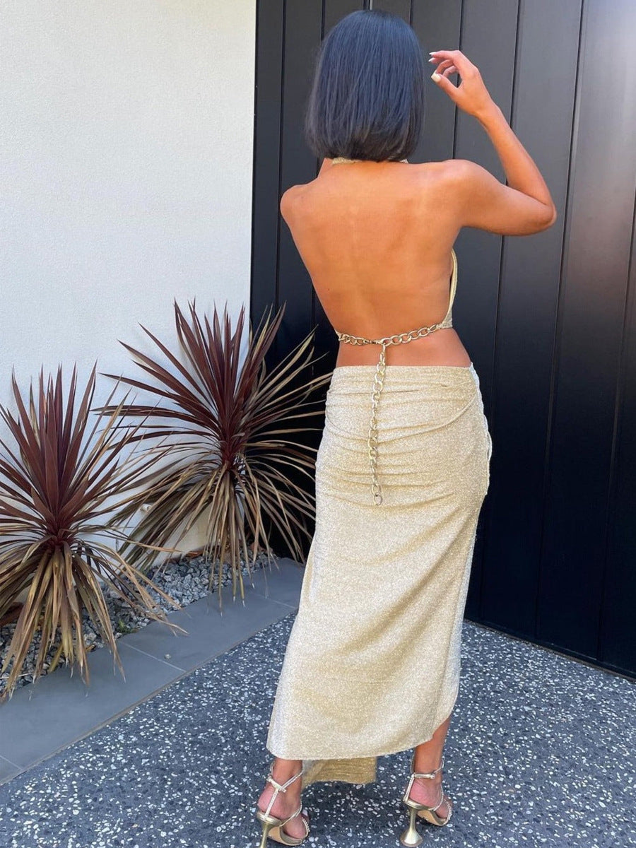 Women's Sexy Halter Hanging Neck Split Dress Long Hot Selling Elegant Temperament Package Hip Skirt Women