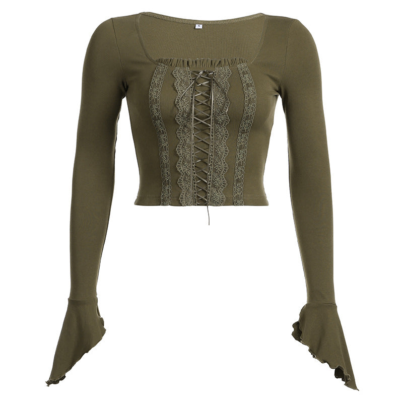 Street Spice Style Sexy Low V-Neck Long Sleeve T-Shirt Fishbone Waist Irregular Slim Draw Pleated Crop Top