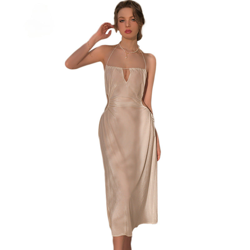 Sexy Pajama Woman Desire To Wind Hollow Out Waist Halter Nightdress Simple Velvet Women's Long Skirt Home Dress Woman