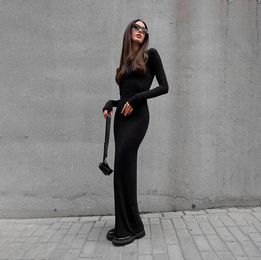 Sexy Black Long Sleeve Round Neck Tight Wrap Hip Skirt Dress Fall Slim-Fit Knitted Long Skirt Women's Dress