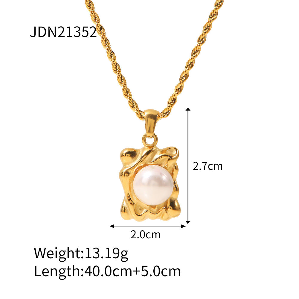 5pcs High-Grade Vintage Style Titanium Steel Necklace 18K Gold Not Fade Pearl Hammer Square Pendant Necklace For Women