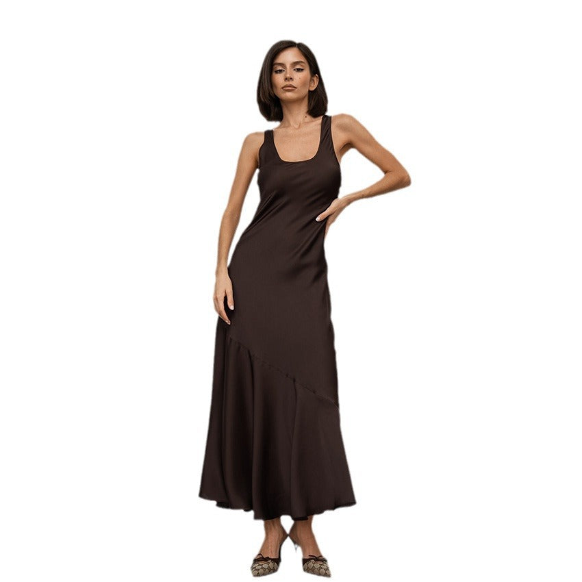 Sexy Temperament Sense Brown Satin Satin Wide Shoulder With Backless Dress Fall All Matching Ankle Skirt Women