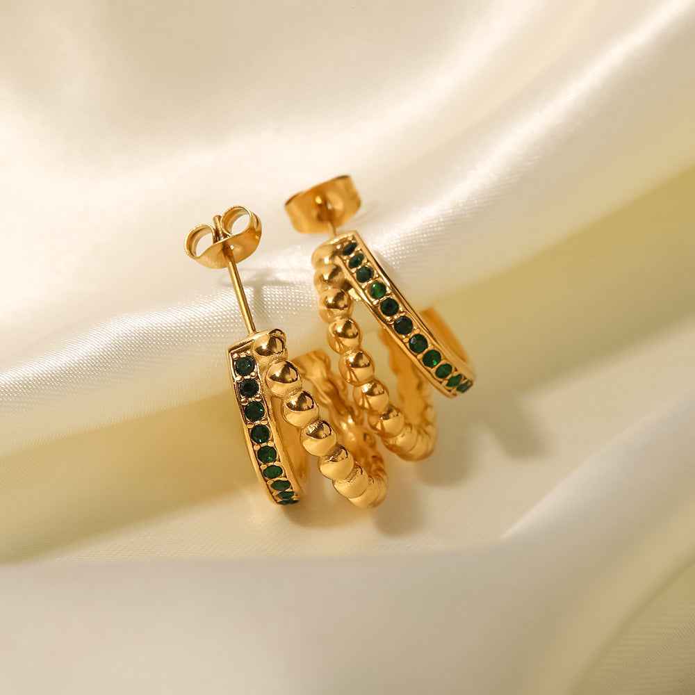 5pcs 18K Gold Plated Stainless Steel Fashion Matching C-Shaped Double Gold Beads Inlaid With Green Diamond Earrings Jewelry Women