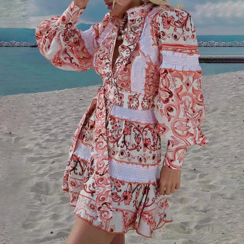 Spring New Style Of Temperament Stand Collar Lace Lacing Waist Slimming Lantern Sleeve Long Sleeve Dress Short Skirt Woman
