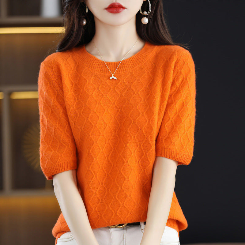 New 100% Pure Woolen Sweater Women Round Neck Short Sleeve Bottom Shirt Fashion Half Sleeve Knitted Top Fashion Pattern