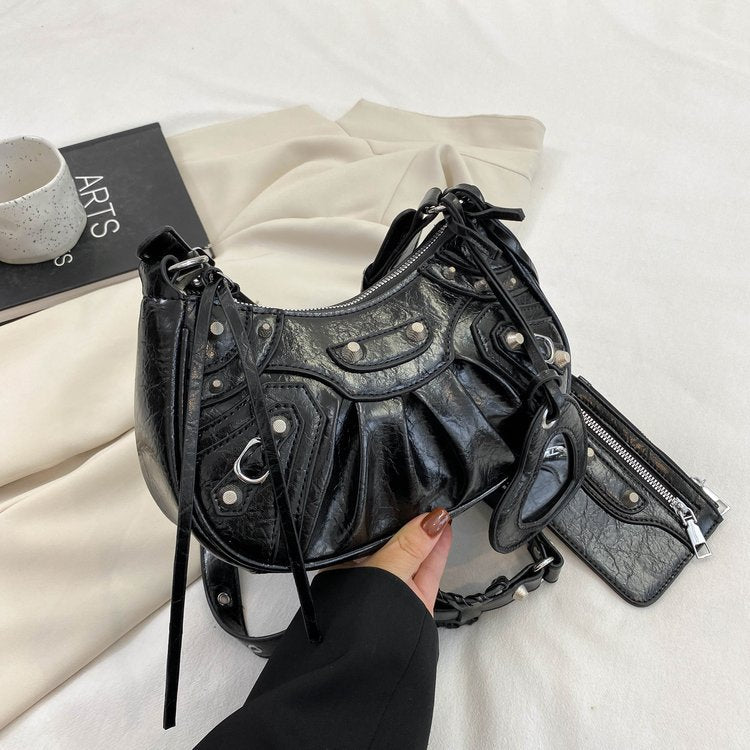 New Underarm Bag Female Retro Rivet Motorcycle Bag Fold Moon Tooth Mother Single Shoulder Crossbody Bag Female