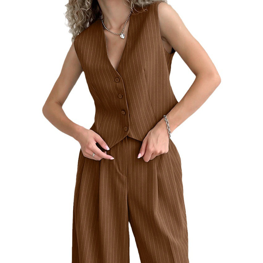 Retro V-Neck Striped Suit Two-Piece Suit Fashion Dry Autumn And Winter New Royal Sister Style Women's Wear