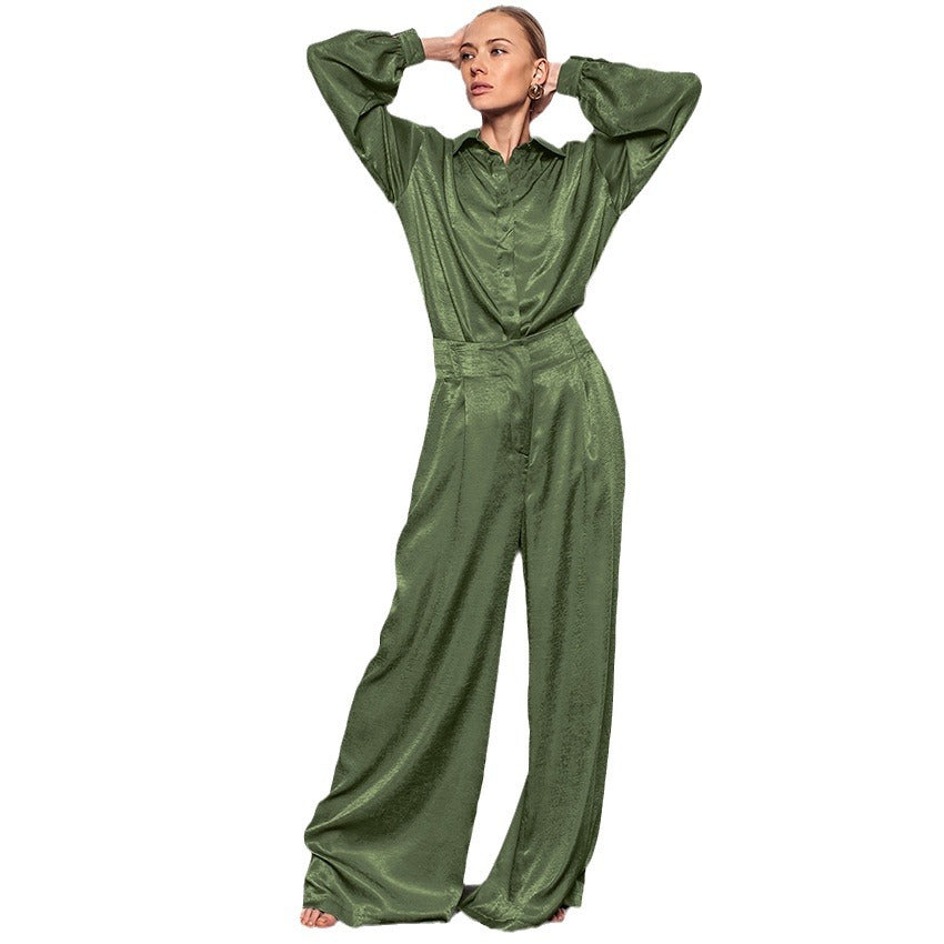 Green T-Lapel Puffy Sleeve Loose Casual Suit New Fall Fashion Two-Piece Set