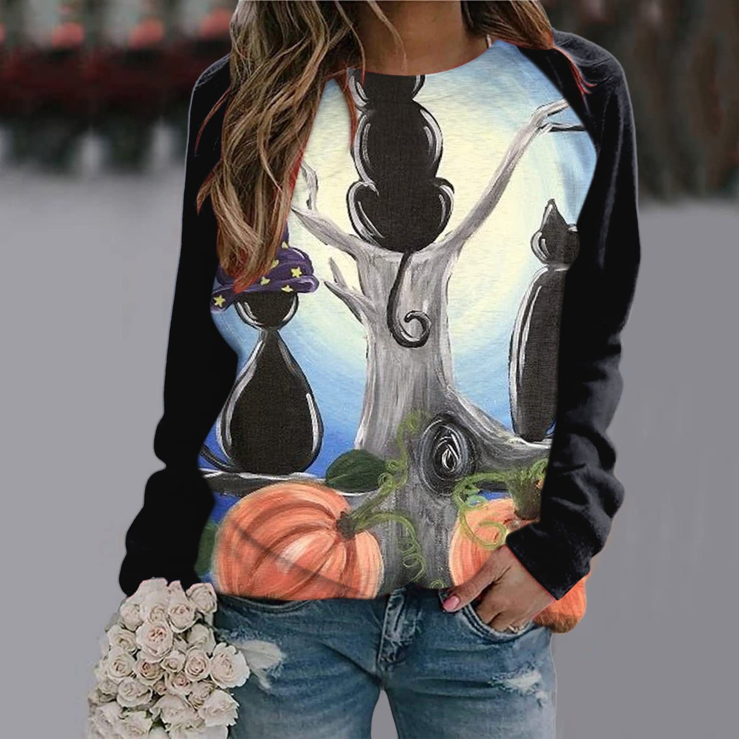 New Women's Halloween Christmas Women's Clothing 3D Three-Dimensional Printed Castle Dark Round Neck Hoodie