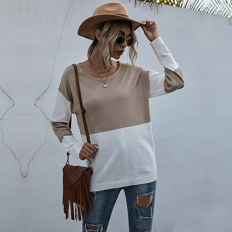 Loose Round Neck Bottom Perspective Mesh Knit Sweater Women Casual Autumn