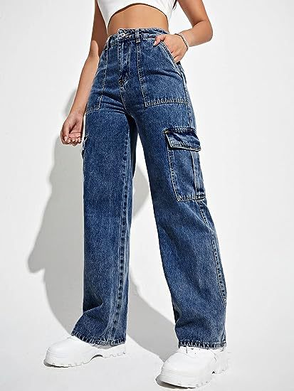 Y2K Style Women's Cargo Multi-Bag Straight Leg Denim Pants