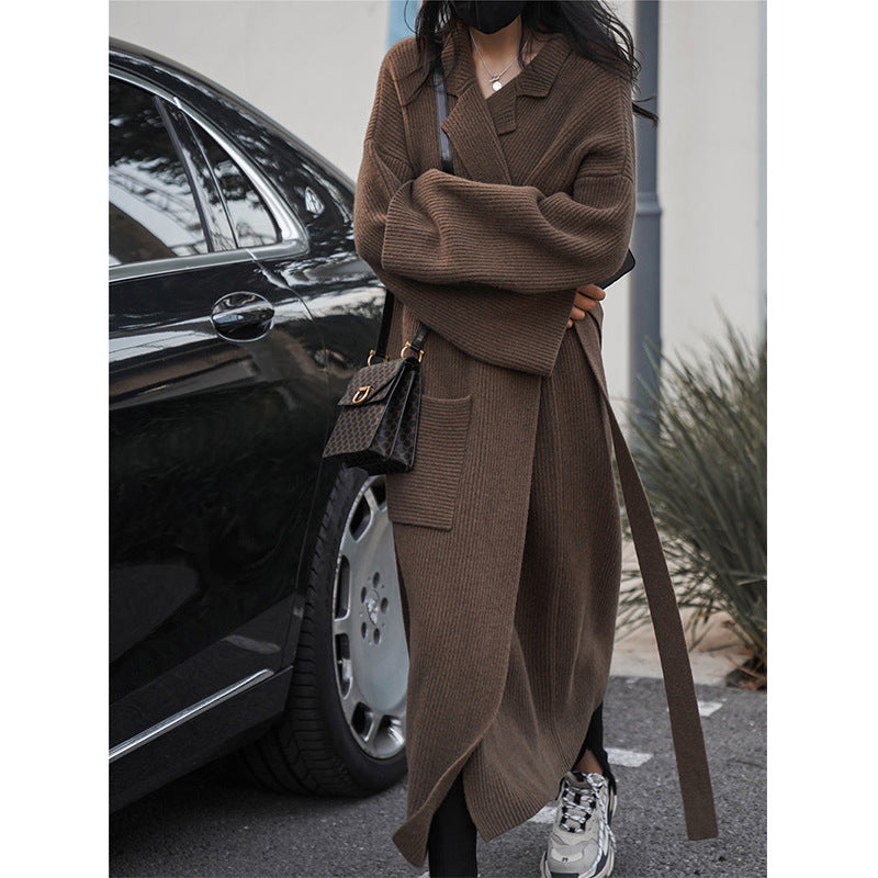 Style Suit Collar Knitted Cardigan New Autumn And Winter New Long Loose Sweater Large Size Coat