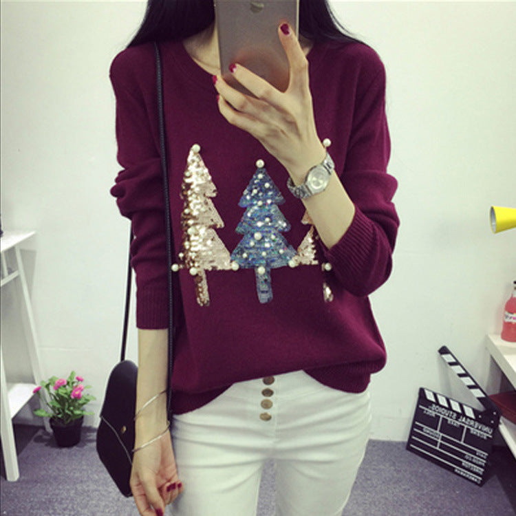 Autumn And Winter New Version Sequin Christmas Sweater Boutique Women's Knitwear Long Sleeve Base Shirt East Gate Female