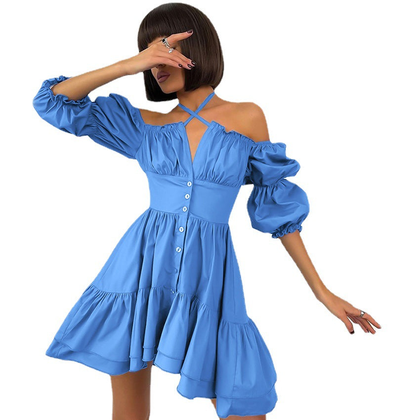 New Solid Color Halter-Neck Square Collar Bubble Sleeve Sexy Dress Summer Dress Skirt