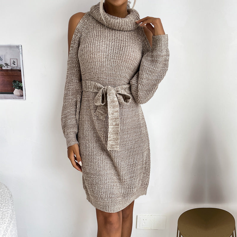 Autumn New Women's Solid Color With Lace Knit Hollow Shoulder High Neck Sweater Dress