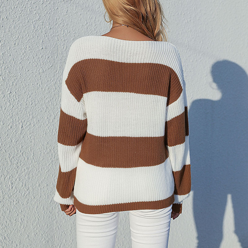 New Autumn Clothing Pullover Loose Round Neck Matching Color Sweater