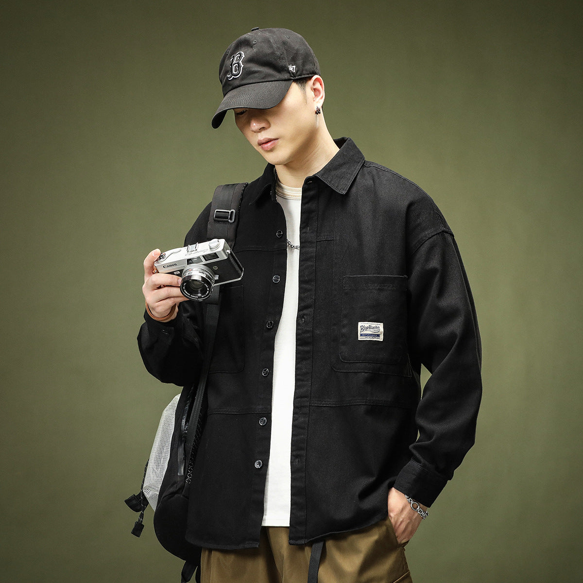Khaki Overalls Shirt Coat Men's Long-Sleeved Casual Loose Shirt Jacket Fall New Folded Wear