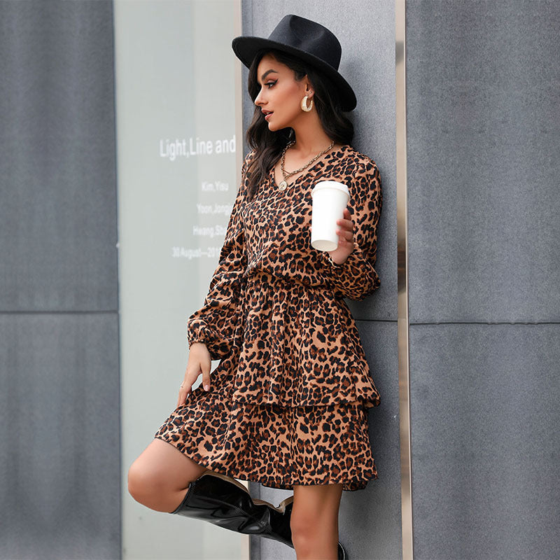 Fashion Women's Short Leopard Print Long Sleeve Ruffled Dress Base