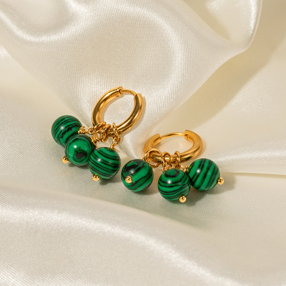 5pcs 18K Gold Stainless Steel Earrings Three Green Peacock Stone Fringe Pendant Earrings Fashion Style Earrings Accessories Women's Style