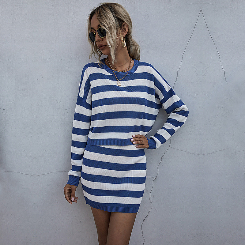 Women's Casual Fashion Slim Blue Striped Skirt Suit
