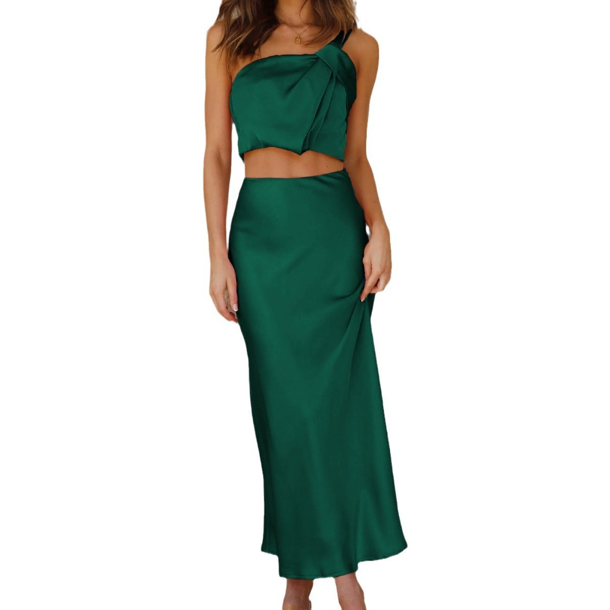 The New Fashion Set Of Women's Skirt Bridesmaids Dress Temperament Acetate Satin Dress One-Shoulder Jacket