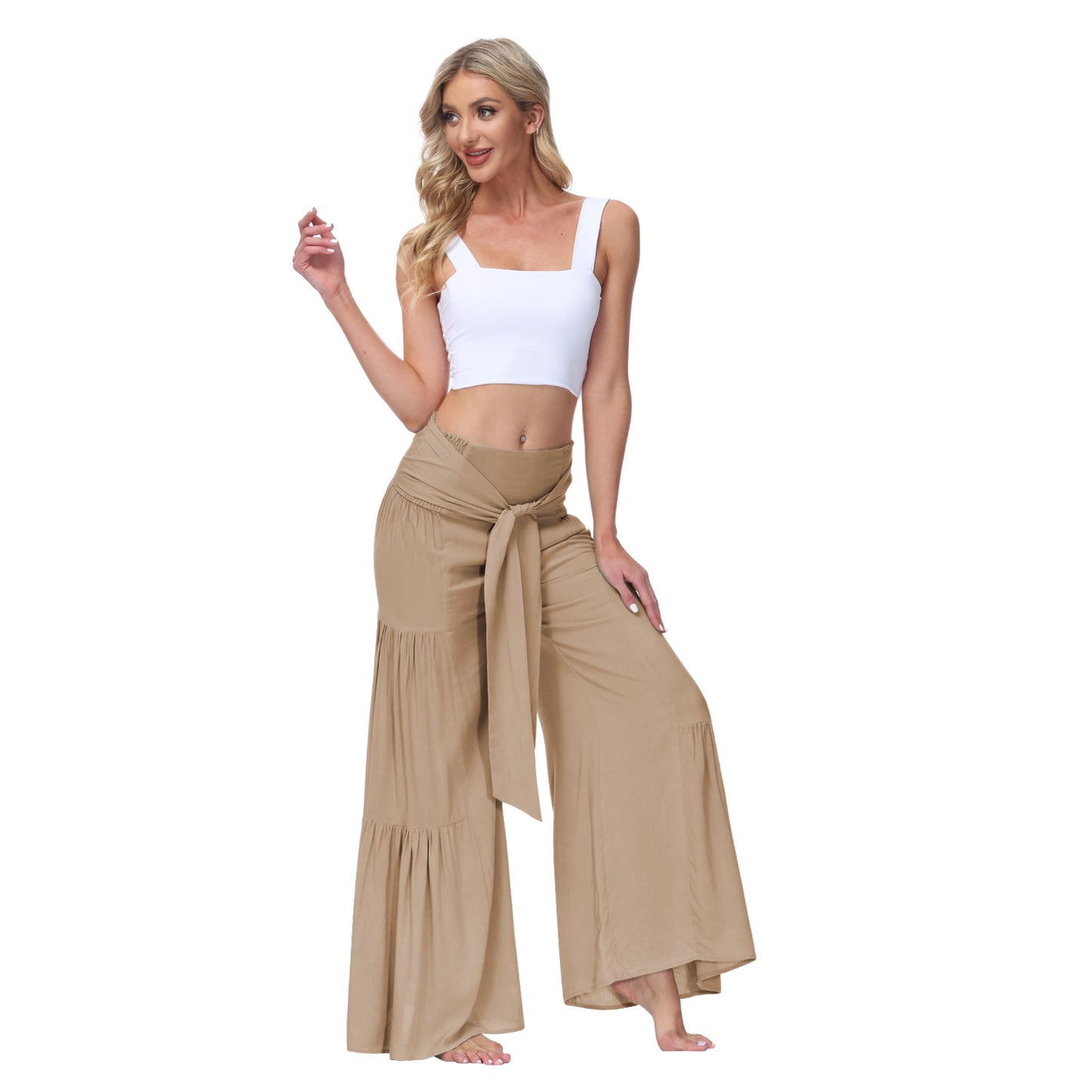 Women's Fashion Temperament Lace-Up Elastic Waist Pleated Wide-Leg Pants Casual Loose Pants