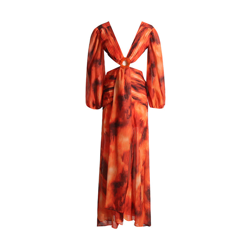 Sexy Holiday Wind Seaside Party Dress New Fall Deep V-Neck Long Sleeve Halter Halter Dress Woman