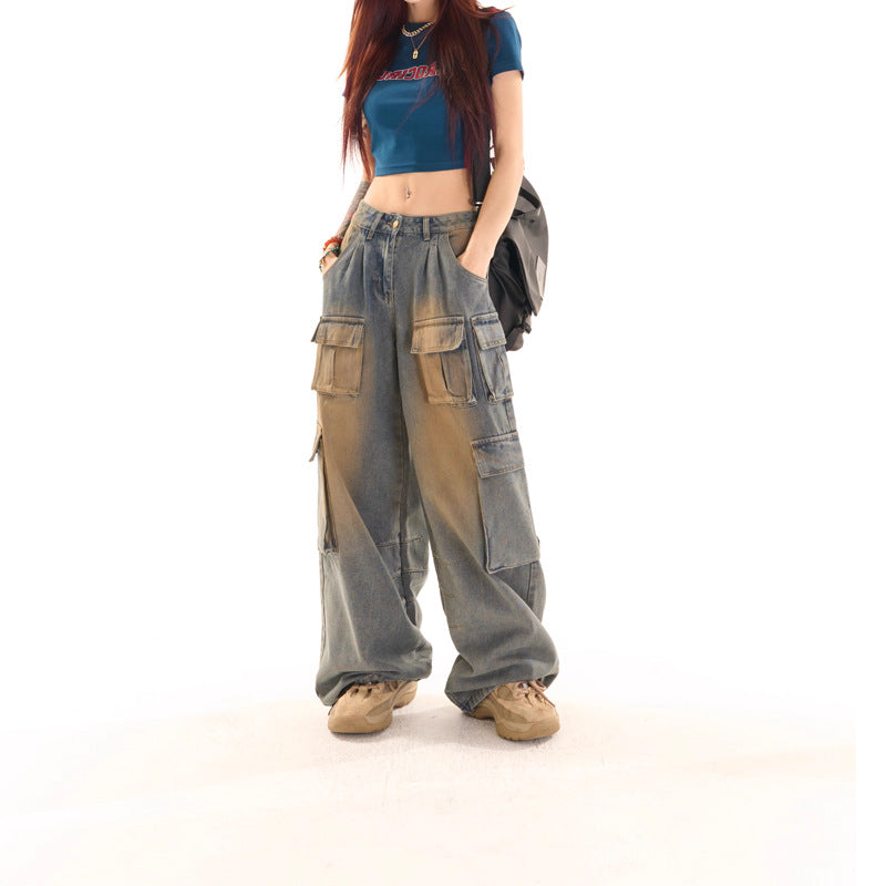 Retro Blue Low-Rise Jeans Women's Fall Y2K Baggy Wide-Leg Pants